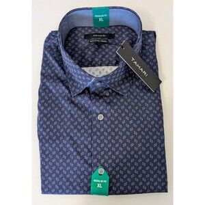 Tahari Men’s XL Dress Shirt Regular Fit Stretch Navy Geometric NWT